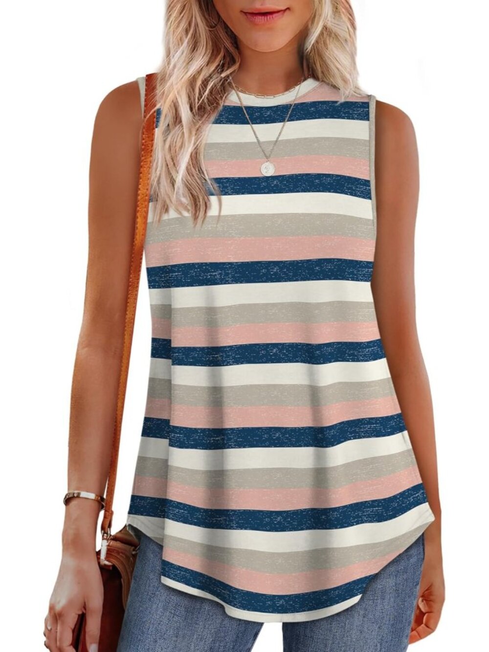 Women's Stripe Pink Blue High Neck Tank Loose Fit Sleeveless Summer Tunic Tops
